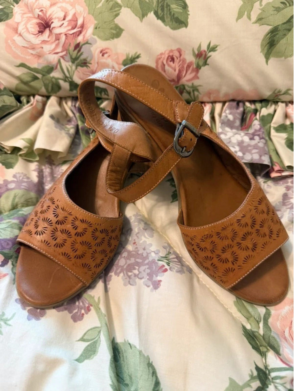 Spring Step Tan Leather Laser Cut Ankle Strap Sandals – Euro 38